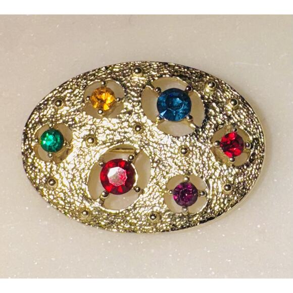 Vintage Emmons Signed Gold Tone Rhinestone Painter's Palette Oval Brooch Pin - Picture 1 of 4